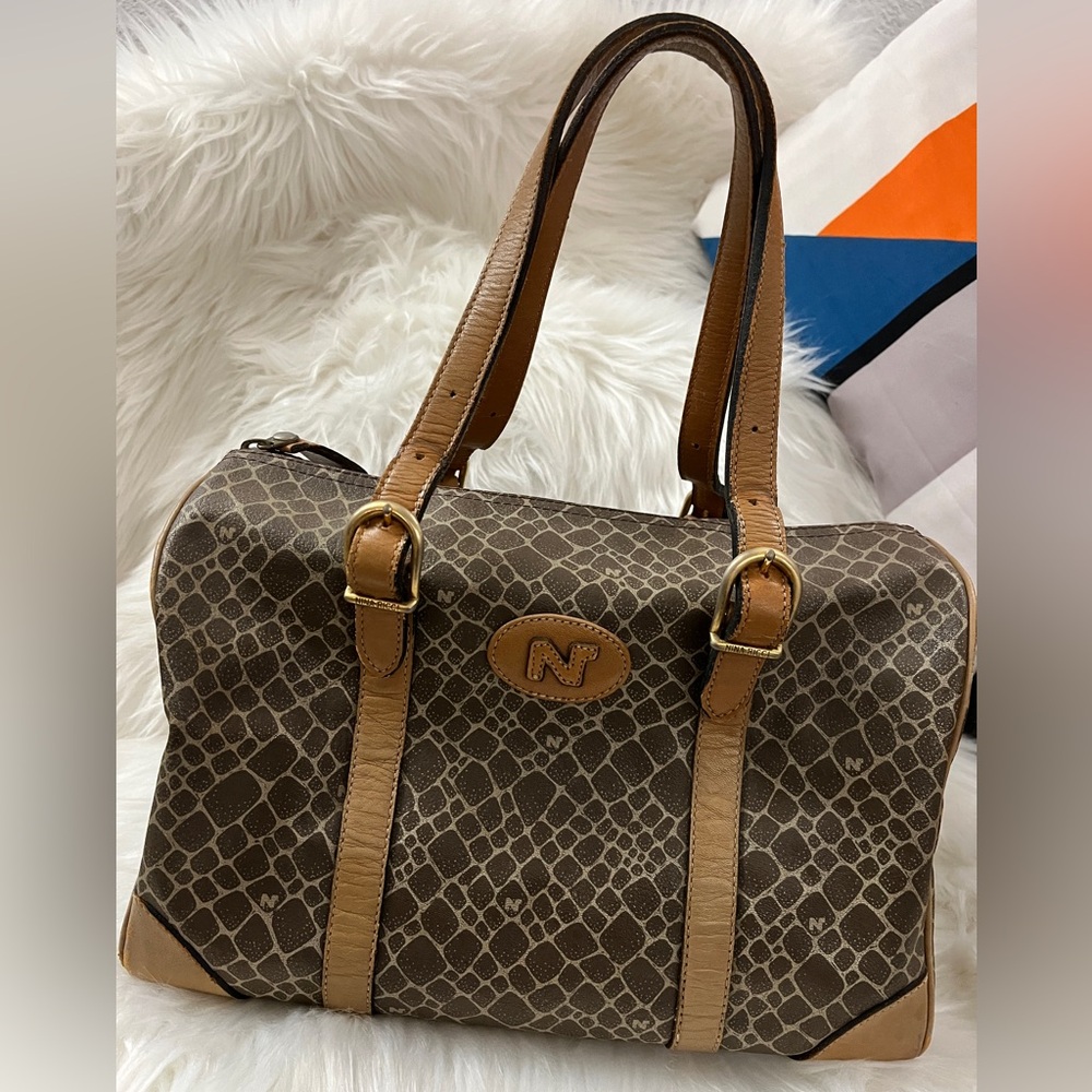 Nina Ricci Brown Coated Canvas Boston Bag